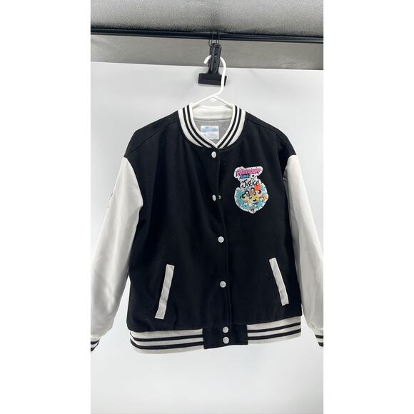 Powerpuff Girls Justice Varsity Jacket Youth XL Black White Bomber Cartoon - Picture 1 of 5